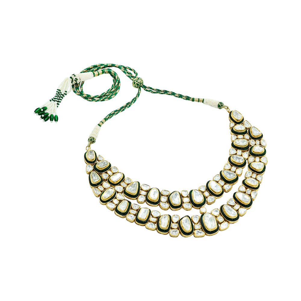Polki Necklace Set with Green Enamel and Layered Design